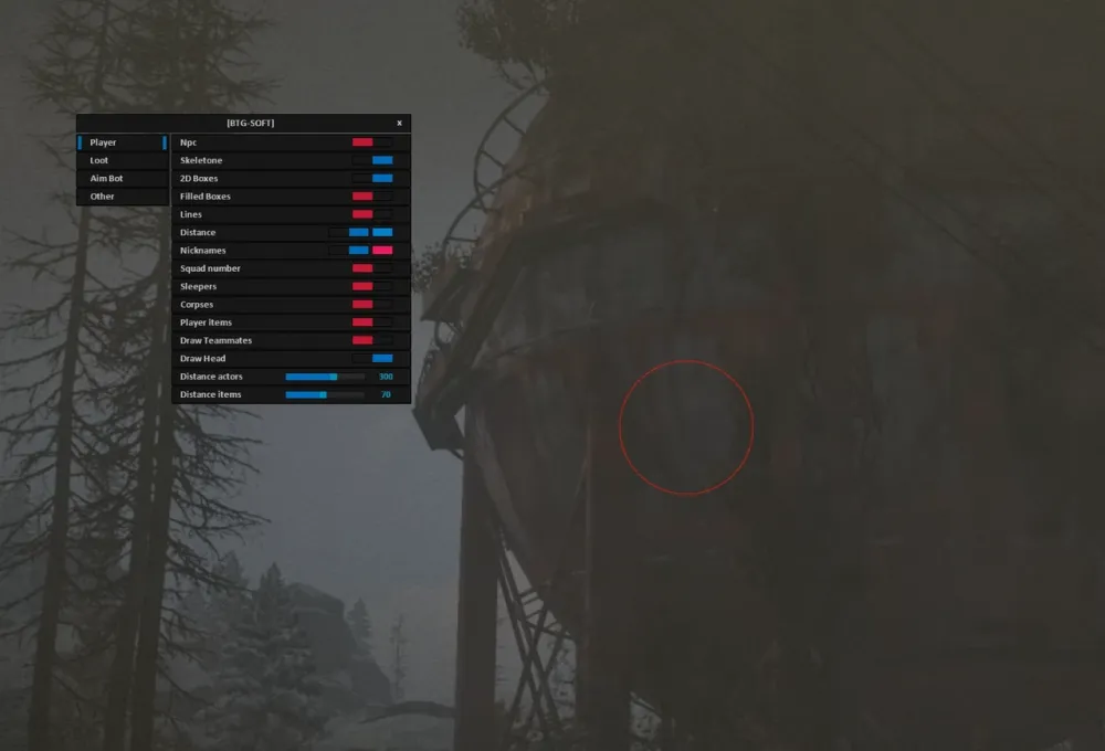 Игрок в Rust собирает ресурсы в горах. Благодаря ESP от BTG, все залежи металлической руды и серы на склоне подсвечены яркими контурами, показывая оптимальный маршрут для максимальной эффективности.