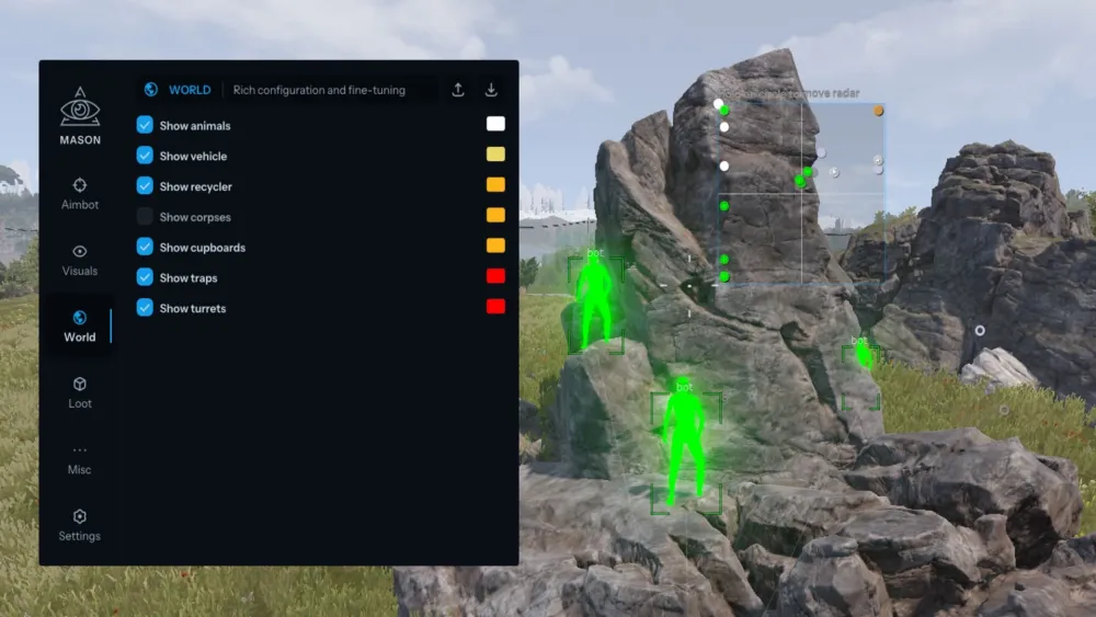 Игровой процесс Rust с активным ESP от Mason full: подсветка игроков, сундуков и ресурсов сквозь стены