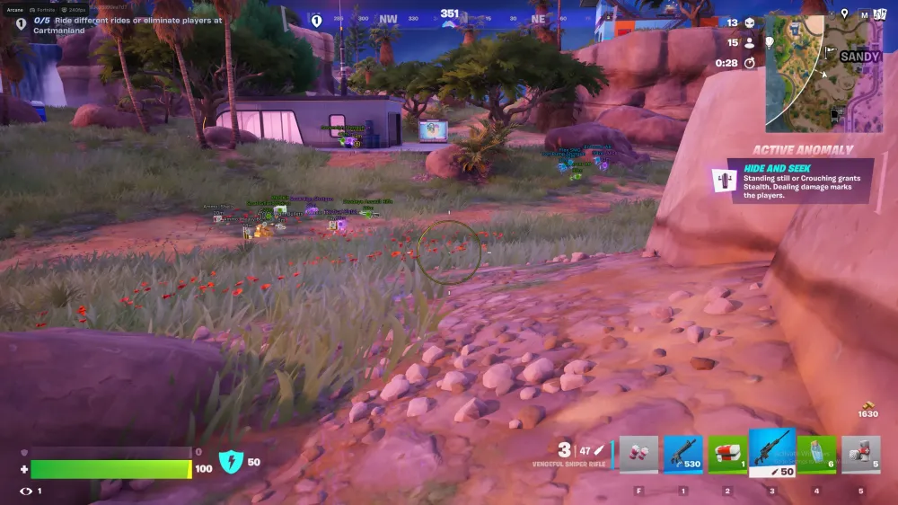Скриншот интерфейса чита Arcane для Fortnite в тёмной теме с синим акцентным цветом. Показана вкладка AIMBOT с настройками: выбор режима (Legit/Rage), настройка под разные типы оружия, радиус FOV с отображением круга на экране, выбор кости и скорость наведения.