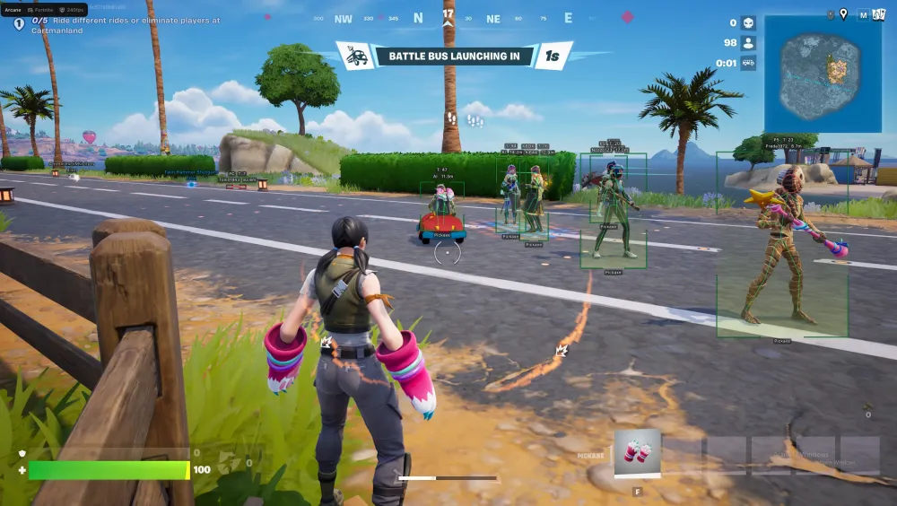 Игровой процесс Fortnite с активным читом Arcane. Видны игроки с ESP: 2D-коробки, скелеты, линии взгляда, никнеймы, платформы и дистанции. На земле подсвечены предметы по редкости (эпические, легендарные), а также сундук и зиплайн.