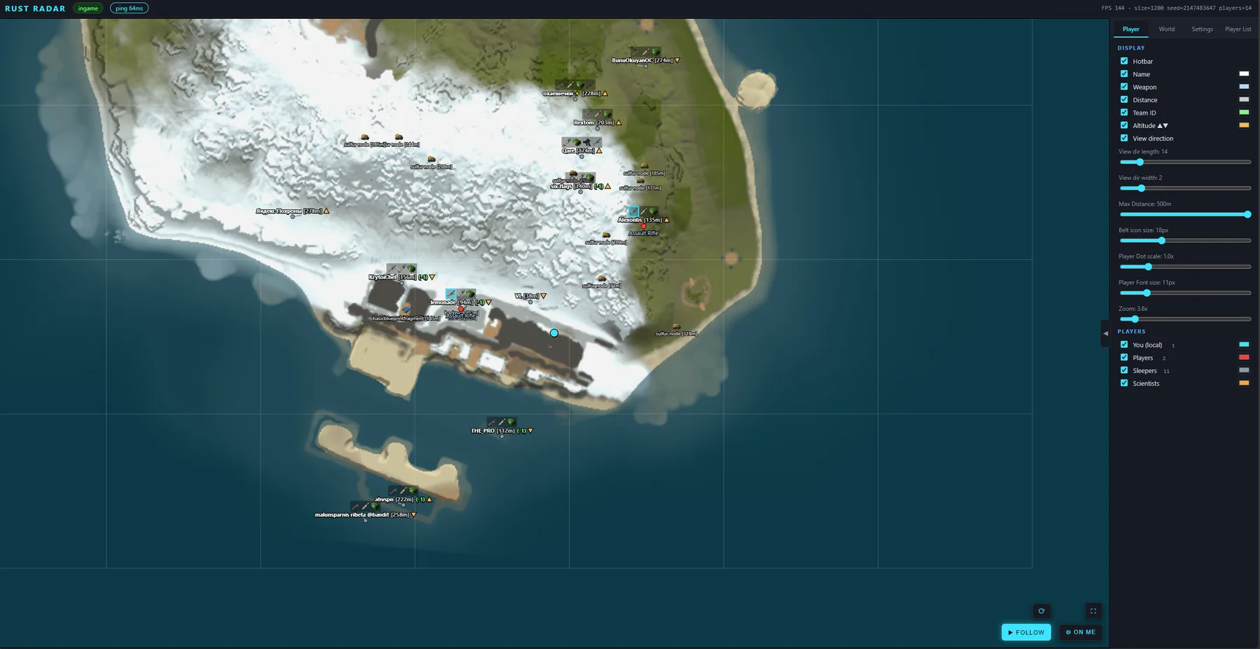 Lovec Radar для Rust — вкладка Player: игроки с хотбаром, оружием, дистанцией, ID команды и стрелкой взгляда; категории живые / слиперы / учёные